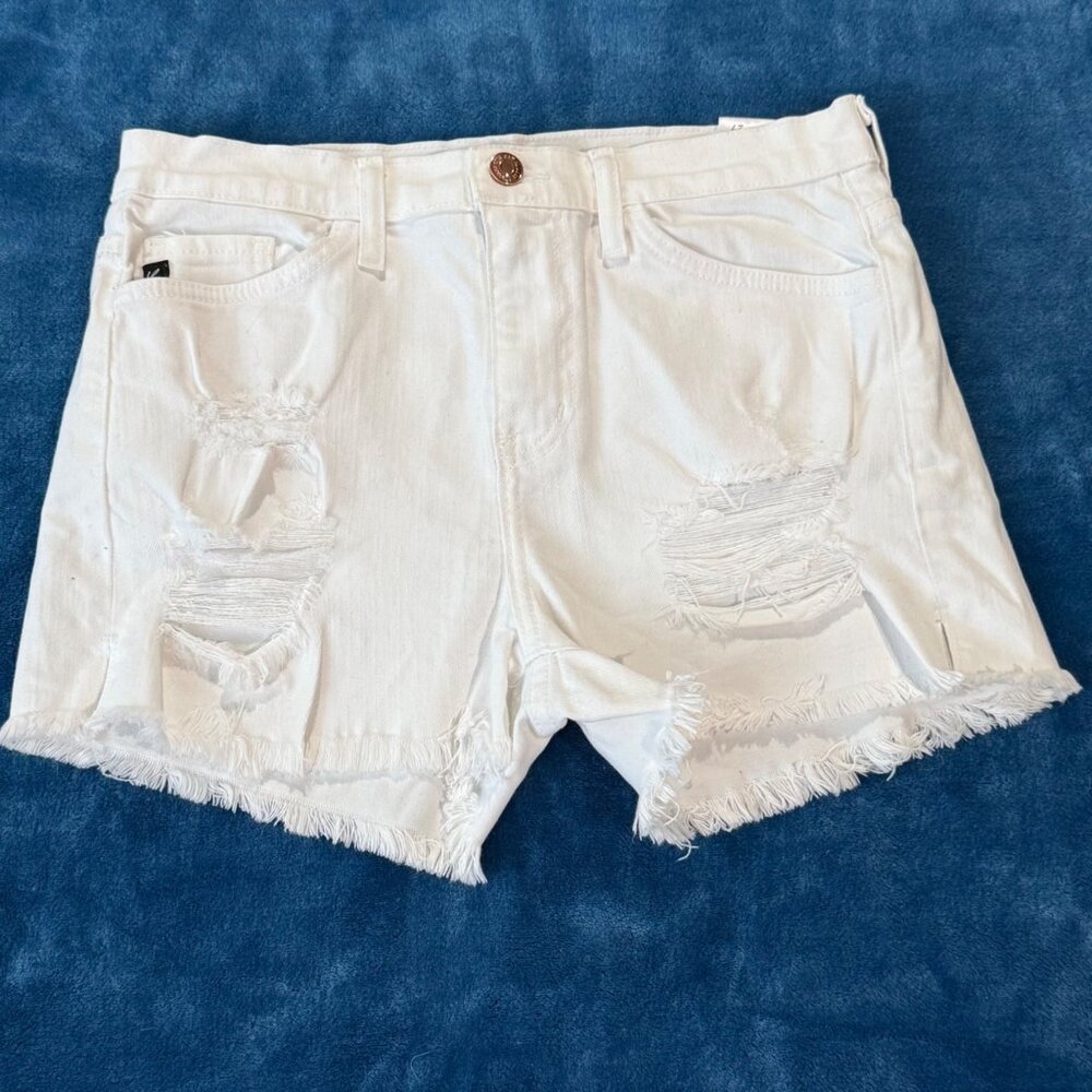 size 27‎ Kancan Womens White Distressed Denim Shorts Raw Hem distressed